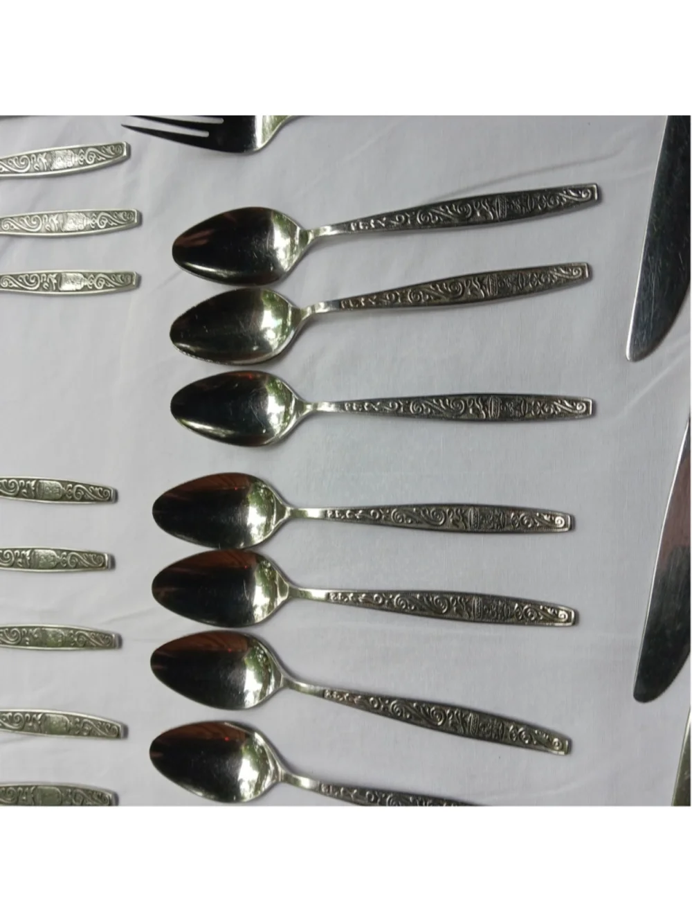 VTG MCM Stainless Steel Flatware Set Scroll Asian Good Luck Bell Chalice